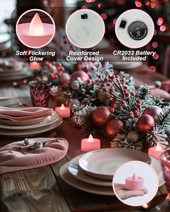 BEICHI Flameless LED Tea Lights - 24-Pack Battery Operated Fake Tealight Candles, Votive Candles Bulk for Holidays (Pink)