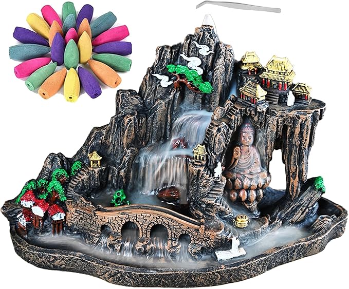Mountain Waterfall Incense Burner，Backfall Incense Holder River, Incense Falls Meditation Decor for Room with Upgrade Incense Cones and Accessories (Buddha)