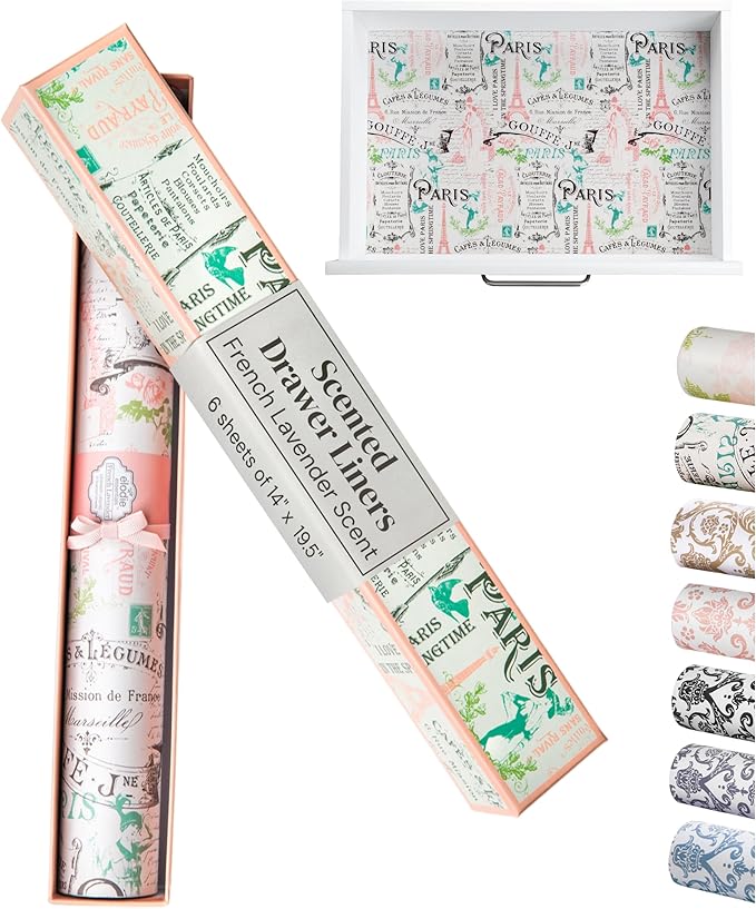 Scented Drawer and Shelf Liners - Vintage Charm - Six (6) Large 14 x 19.6 Inch Sheets - Non-Adhesive Paper Sheets for Closet Shelves and Dresser Drawers - (Vintage Paris)