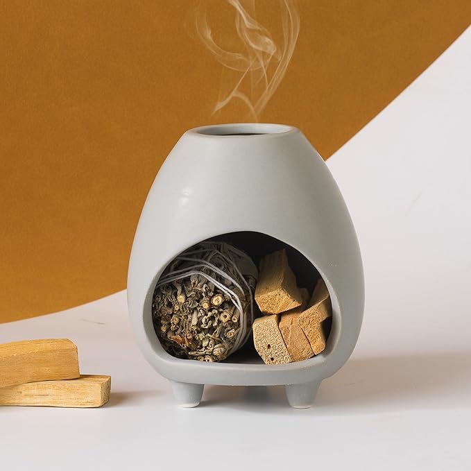 Palo Santo Holder Burner, Handcrafted Ceramic Incense Holder Burner and Ash Catcher for Palo Santo Sticks or sage Bundles, Smudge Bowl, Meditation Home Decor (Gray)