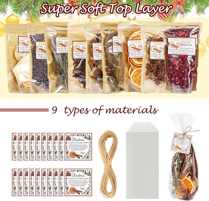 Loopeer 9 Pack Potpourri Simmer Kit 645g DIY Christmas Stovetop Potpourri with Card Transparent Bag Tag Xmas Scent Winter Stovetop Simmering Ingredients for Home Fragrance Housewarming Hostess Gift