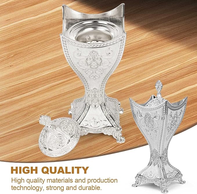 Bakhoor Incense Burner, 11Inches Charcoal Incense Burner - for Yoga, Spa Aromatherapy, Office & Home Decor, Trophy Shape (Silver)