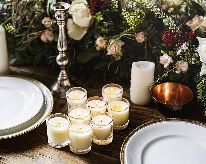 Set of 24 White Votive Candles for Home Décor Weddings Holidays Party and DIY, Unscented Soy Wax Candle Filled in Clear Glass