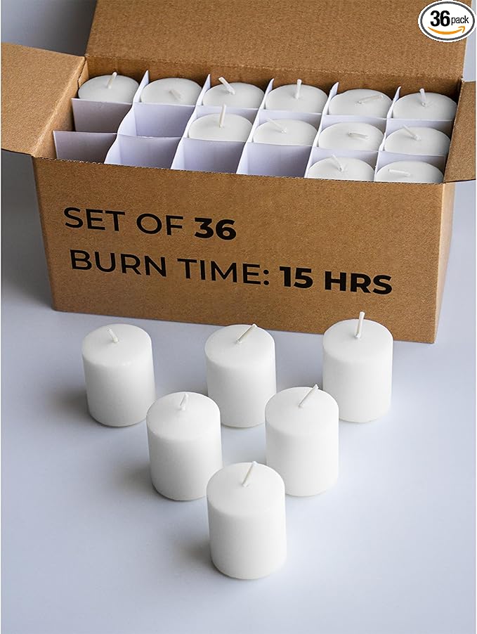 CANDWAX 15 Hour Votive Candles Set of 36 - White - Perfect for Weddings or Emergencies - Unscented - 1.5x1.7 inch