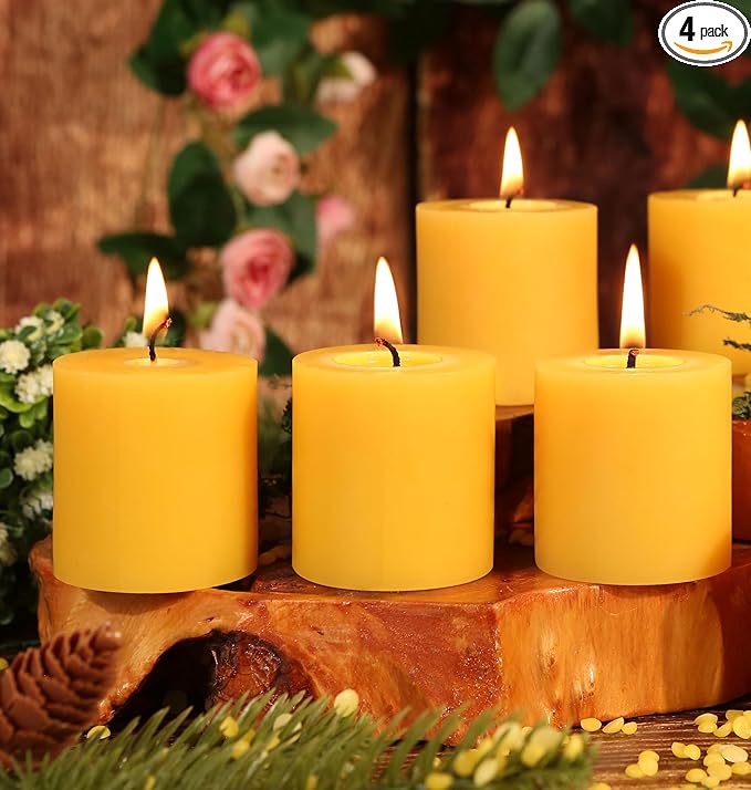 4 Pack Natural Beeswax Pillar Candles,2x2in 100% Pure Beeswax Candles-80 Hours Long Burning,Unscented Bees Wax Candles for Home,Prayer,Emergency,Dripless Smokeless Organic Pillar Candles Bluk