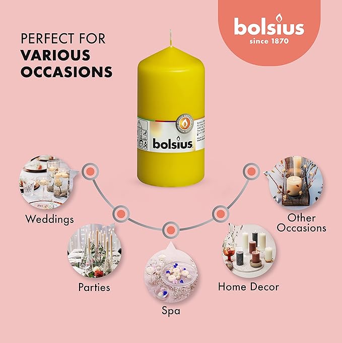 BOLSIUS 8 Yellow Pillar Candles - 2.75 x 5 Inches - Premium European Quality - Individually Wrapped - 43 Hours Burn Time - Dripless & Smokeless - Unscented Dinner, Wedding, Party, & Restaurant Candles