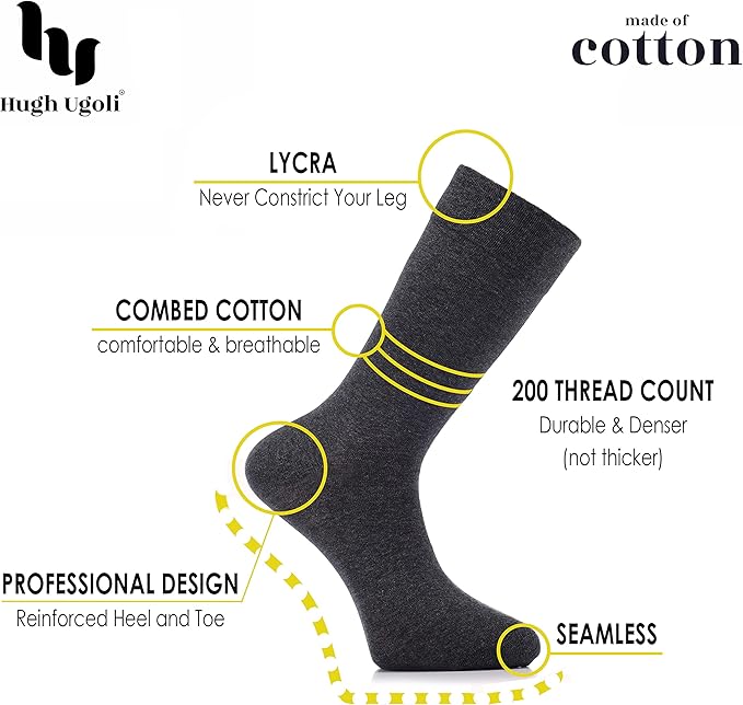Hugh Ugoli Men's Cotton Dress Socks for Business & Trouser, Thin & Seamless Crew Socks, 4 Pairs with Gift Box, Shoe Size 8-12