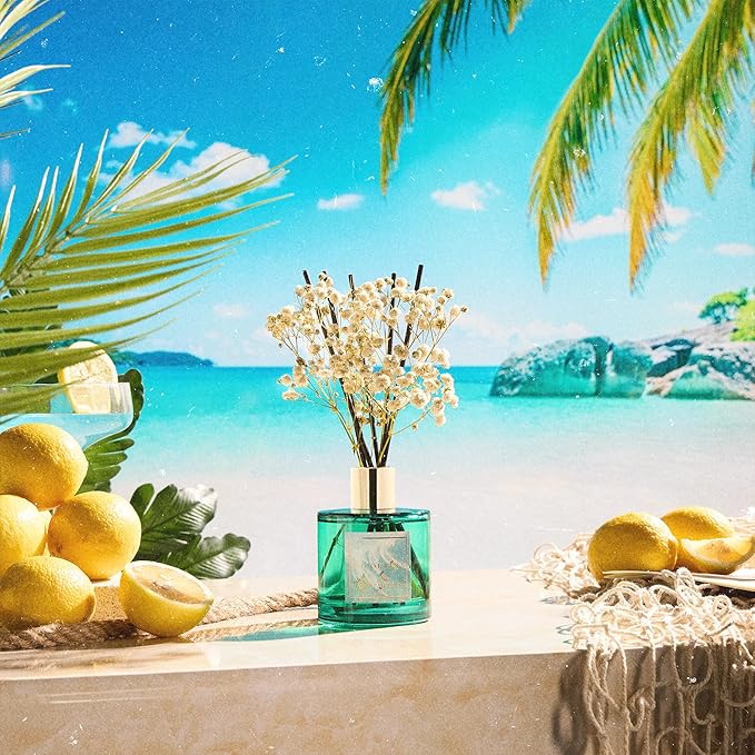 COCORRÍNA Reed Diffuser - Hawaii Melody 6.7 Fl.oz Reed Diffuser Set with 8 Sticks & Preserved Baby's Breath, Reed Diffuser for Home Bathroom Shelf Decor