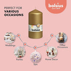 BOLSIUS 8 Gold Pillar Candles Metallic - 2.75 x 5 Inches - Premium European Quality - Individually Wrapped - 43 Hours Burn Time - Dripless & Smokeless - Unscented Dinner, Wedding & Home Decor Candles