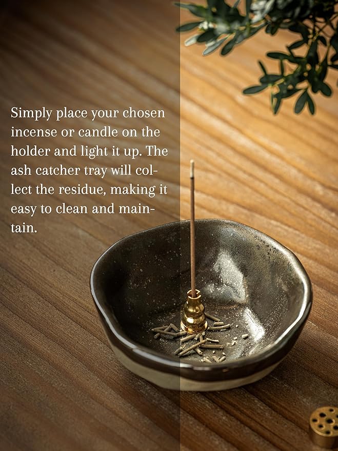 Ceramic 4 in 1 Incense Burner, 4.25 Inch Incense Holder with 3 Refined Copper Incense Sockets, Unique Round Shape Insence-Stick Holder for Meditation Decor, Yoga, SPA, Black