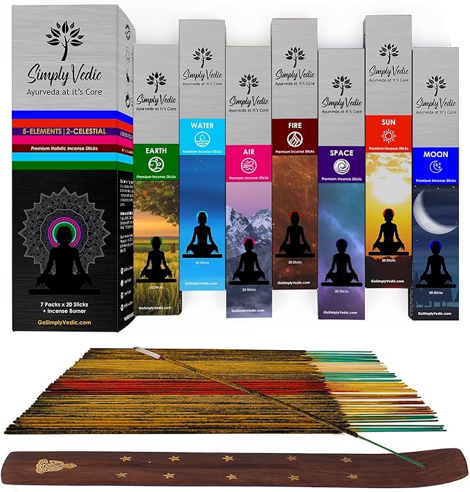 Premium Incense Sticks Set of 5 Elements Earth, Water, Air, Fire, Space 2 Celestial Bodies Sun & Moon| 140 Natural Agarbatti with Burner| for Home Pooja, Meditation, Yoga, Aromatherapy
