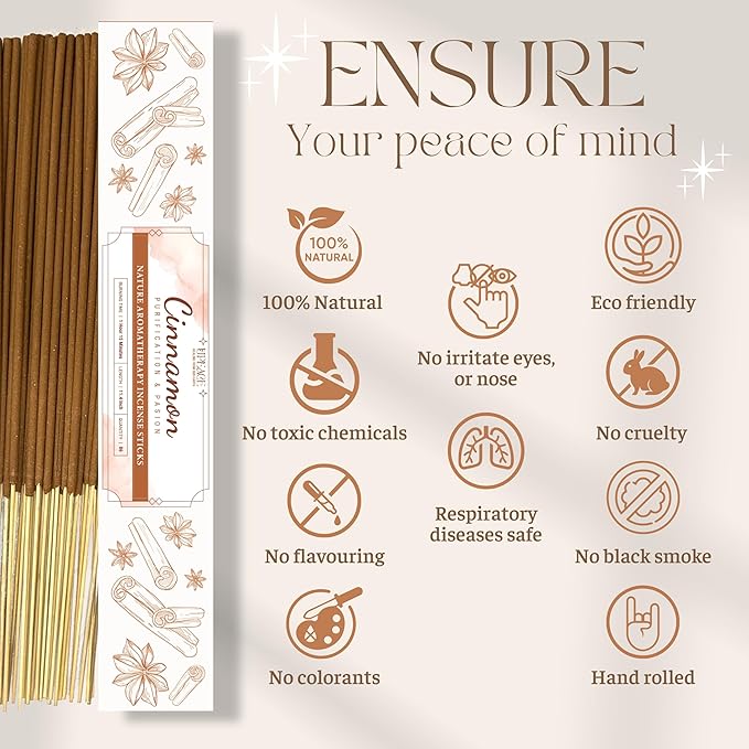 Organic-Natural-Non-Toxic-Cinnamon-Incense-Sticks (86 Agarbatti Sticks) | 75 Minutes Long Lasting Burn for Positive Vibes, Relaxation, Aromatherapy, Air Purification, Meditation, Protection
