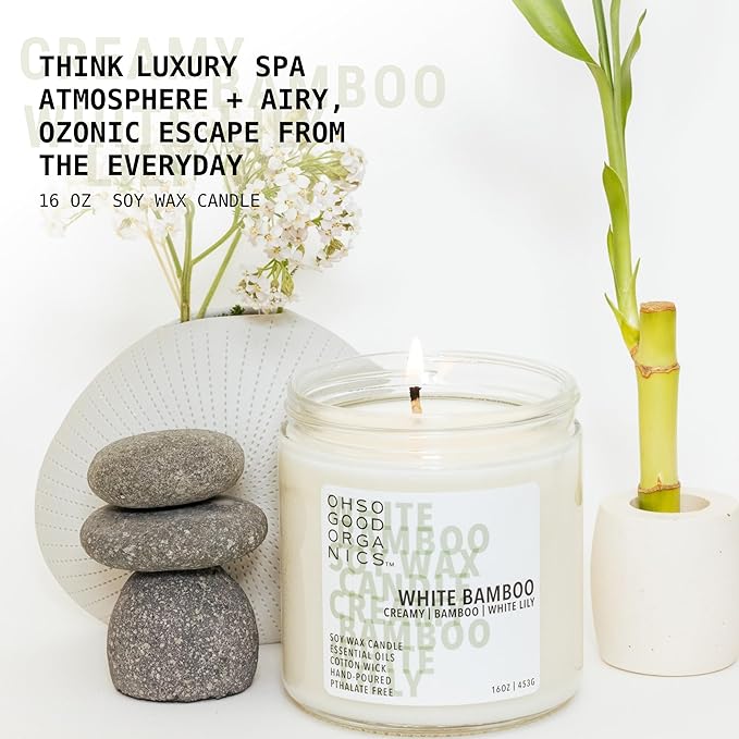 Scented Soy Wax Candle for Home, White Bamboo Candle and Lily, Essential Oils, Soy Candles Non Toxic, Aromatherapy Candles, 16oz, 60 Hours Burn Time, Fresh Bamboo and Green Floral Scent