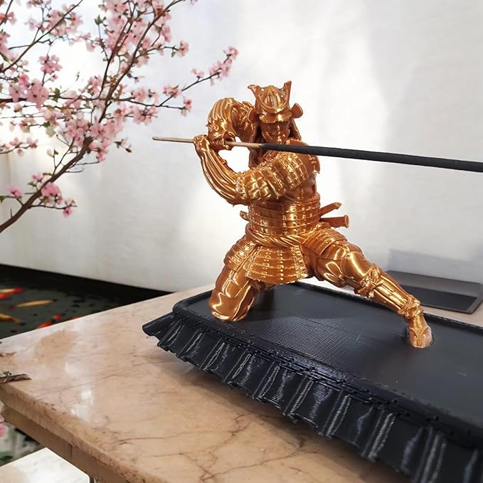 Samurai Incense Holder, Incense Burner with Storage Box, Ash Catcher, Warrior Incense Burner for Aromatherapy, Meditation, Yoga (Silk-Copper Samurai & Black Box)