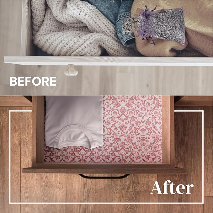 Shelf Paper - 14" x 19.5" (Royal Damask) English Rose Scented Drawer Liners for Dresser, Bedroom & Bathroom - Non-Adhesive Drawer Liner Paper - 6 Sheets