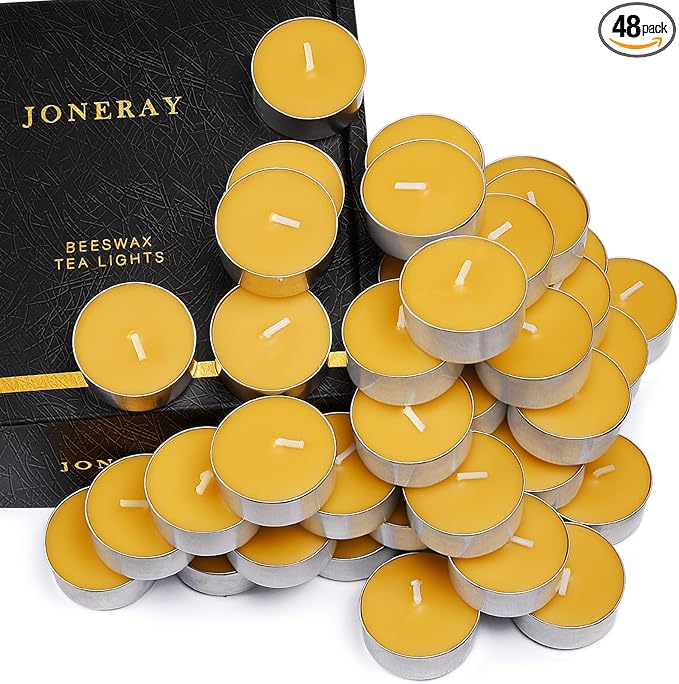 48 Pack Beeswax Tealight Candles Bulk,Pure Natural Bees Wax in Aluminum Shell - 4 Hour Extended Burn Time,Smokeless Tea Light Candles for Home Deco,Table centerpieces