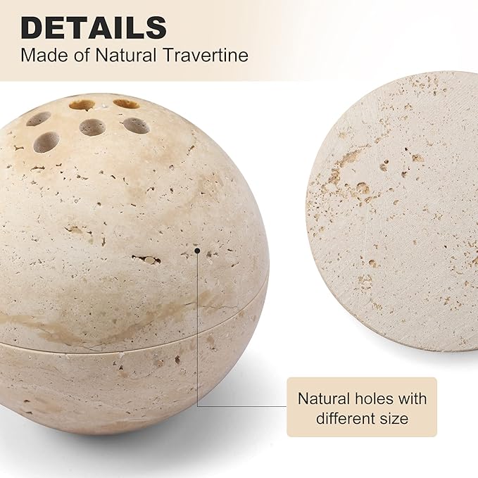 Natural Travertine Incense Cone Holder, Handmade Stone Sphere Incense Burner for Medication Yoga Home Décor 4.1 inches