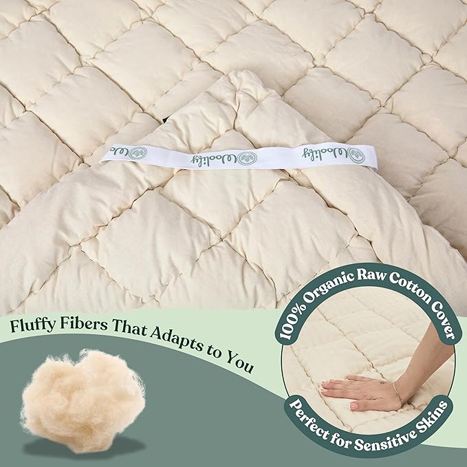 Organic Merino Wool Mattress Topper - Luxury Pillow Top Mattress Pad, Handmade, Non-Toxic, Cooling & Hypoallergenic, Natural Back Pain Relief, Sustainable Bedding (King)