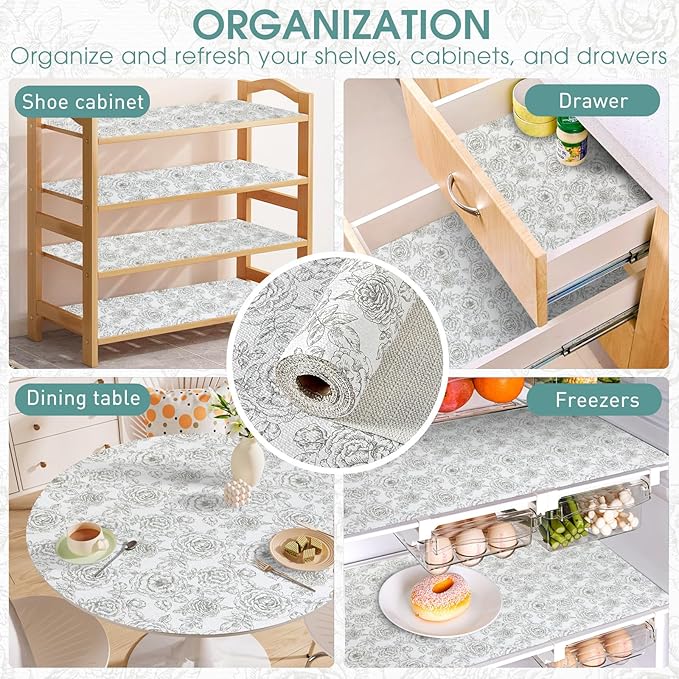 Shelf and Drawer Liner, Kitchen Cabinet Liners Non-Adhesive Thick Non-Slip Waterproof Washable Fragrant Mats Protect Dresser Shelves Cupboard Bathroom Cabinets, Black Rose, 12 in X 10 FT