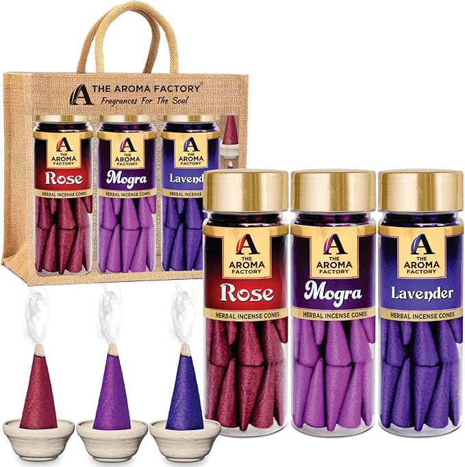 The Aroma Factory Organic Dhoop Cones | Rose, Mogra & Lavender Incense Cones |No Charcoal, Scented Incense | 3x30 Cones, Pack of 3