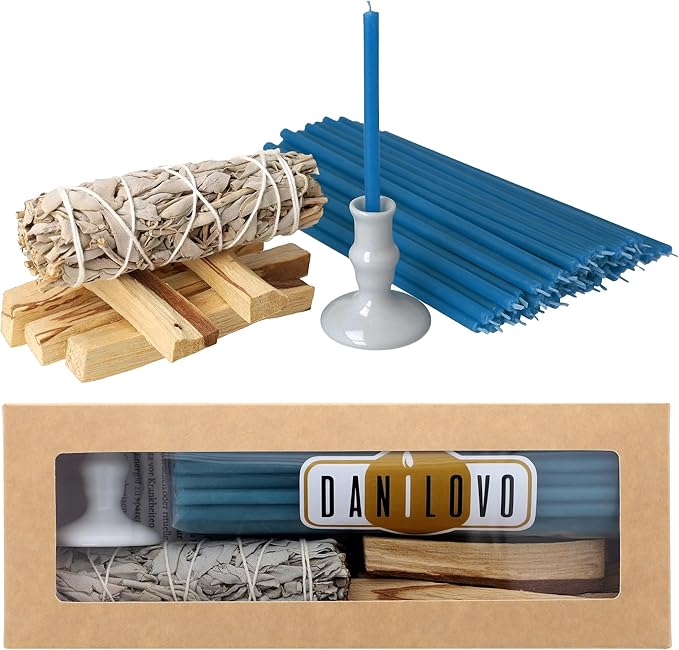 Danilovo Smudging Kit – 5 Palo Santo Sticks, 1 White Sage Smudge Stick, 50 Beeswax Taper Candles & Ceramic Candle Holder Set for Meditation, Cleansing, and Spiritual Practices