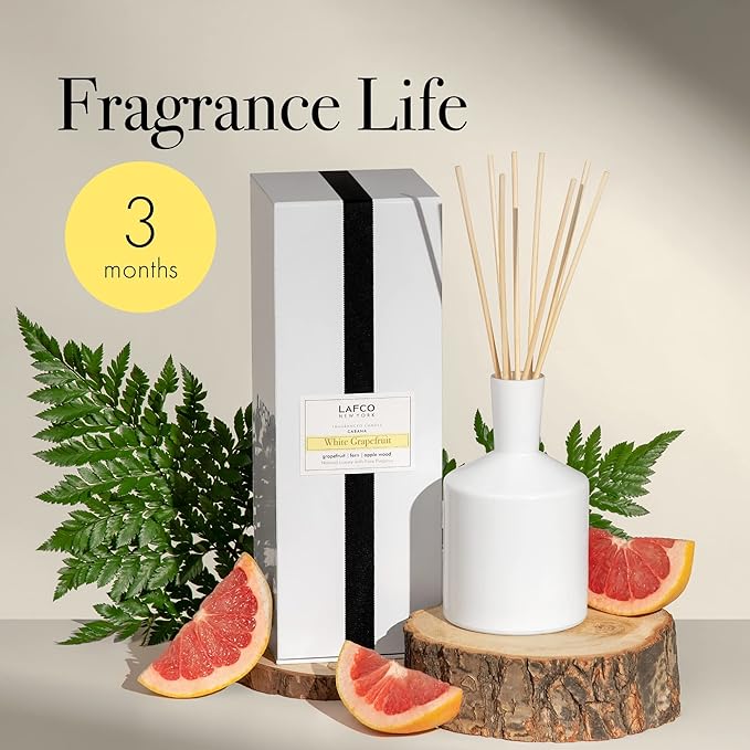 LAFCO New York Classic Reed Diffuser, White Grapefruit - 6 oz - Up to 3 Months Fragrance Life - Reusable Glass Vessel - Natural Wood Reeds - Made in The USA