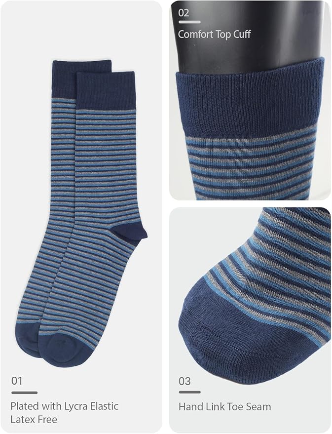 COTTON DAY Men's Premium Soft Combed Cotton Trouser Dress Socks Seamless Toe Black Navy Blue Striped