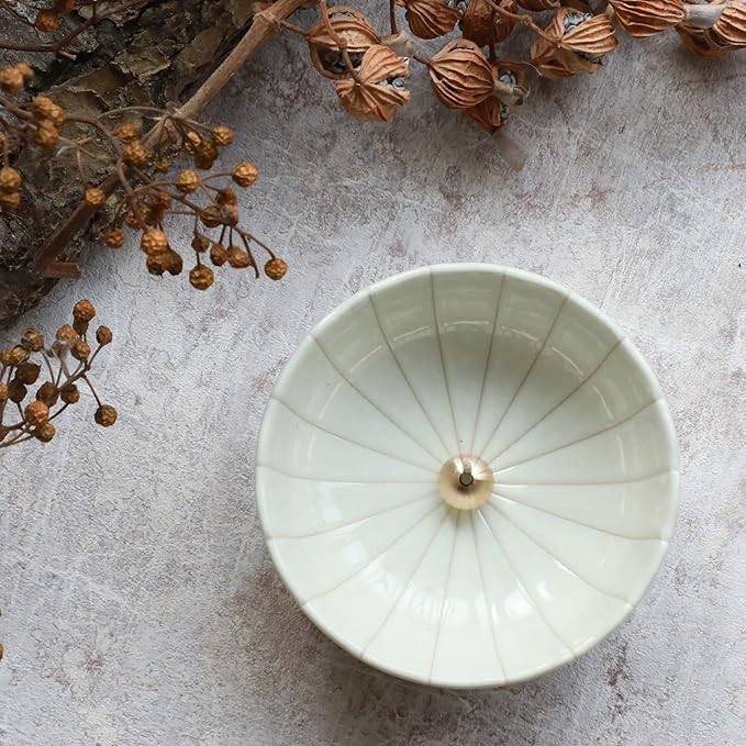 Asayu Japan White Lotus Incense Holder for Sticks 4.1 inch (105mm), Traditional Made in Japan Ceramic Ash Catcher and Brass Incense Burner Set, Japanese Incense Bowl