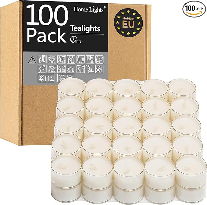 Tealight Candles, Giant 100,200,300 Bulk Packs, 4-4.5 Hrs White Unscented European Smokeless Clear Cup Tea Lights for Shabbat, Weddings, Christmas, Home Decorative- 100 Pack