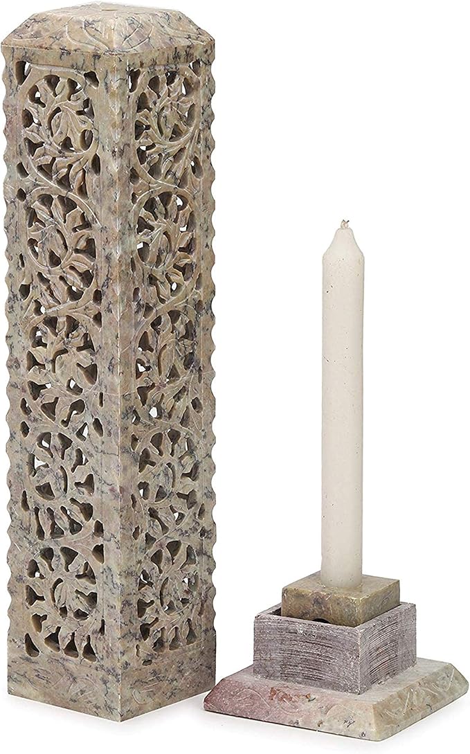 Carry Me Handmade Marble Soapstone Incense Stick Burner | Candle Stick Holder | Tea Light Stand - Perfect Incense Tower for Gifting. Decorative Home and Kitchen Decor (3 x 3 x 11 Inches)