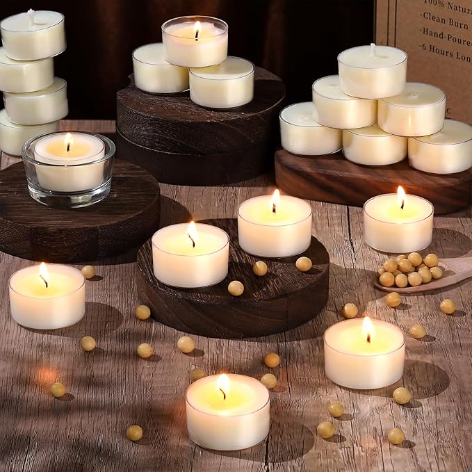 50 Pcs Soy Wax Tealight Candles (6 Hour Burn Time) White Unscented Votive Candles, Smokeless & Extended Burn Time Clear Cup Tea Lights for Weddings, Home, Emergencies