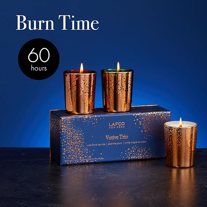 LAFCO New York Votive Trio Set - Absinthe Plum, Woodland Spruce, White Maple Bourbon - 1.9 oz Each - 60-Hour Burn Time - Reusable, Decorative Glass Vessel - Made in The USA