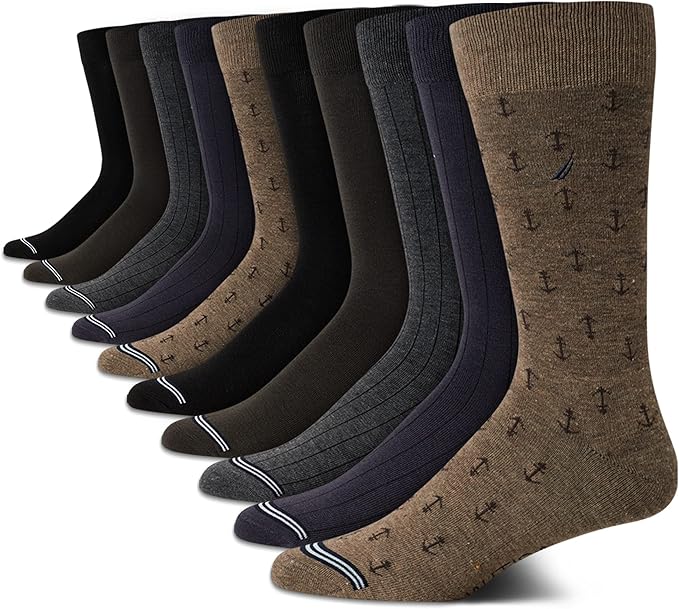 Nautica Mens Dress Socks - 10 Pack Breathable Stretch Crew-Length Work Socks for Men for Business Formal Wear (Sizes: 6-12.5)