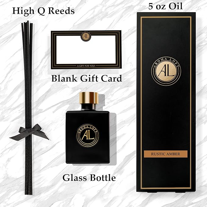 Reed Diffuser Set for Home - Rustic Amber Scent Sticks - Bathroom Counter Decor - Modern Room Fragrance Diffuser - Office Air Freshener - 90 Day Long Lasting Aroma