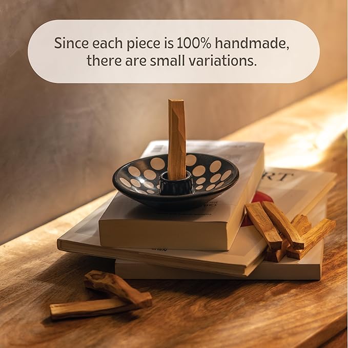 Luna Sundara Authentic Peru Pottery Palo Santo Stick Holder and Incense Holder Includes 5 Palo Santo Sticks Handmade Ceramic Smudge Bowl Sage Holder Palo Santo Holder (Black and White Polka)