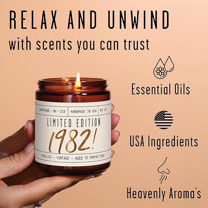 43rd Birthday Gifts for Women - 'Limited Edition 1982' Soy Candle, w/Champagne on Ice I 43 Birthday Gifts for Women I 43rd Gift for Her Ideas I 9oz Reusable Jar, 50Hr Burn, Made in USA