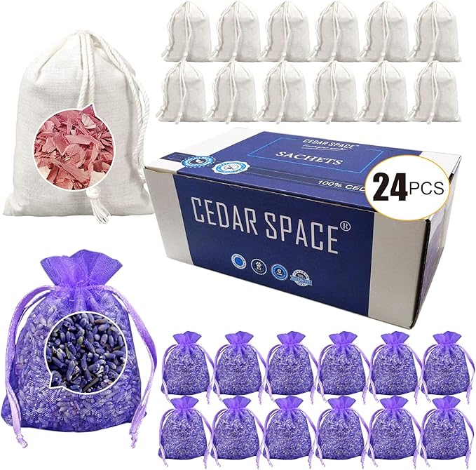 Cedar Space Lavender Sachet Bags for Drawers and Closets(24 Pack),Potpourri Bags,Dried Lavender Flowers,Cedar Blocks for Clothes Storage Scent Air Freshener, Cedar Chips Lavendar for Home Fragrance