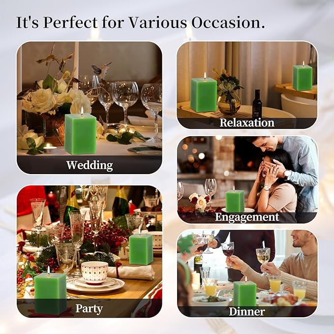 KONNI Square Green Pillar Candles Set of 3, 2.8"x 4" Unscented Pillar Candles Bulk, 30 Hours Long Burning Candles, Smokeless and Dripless Large Candle for Wedding, Home Decoration, Parties, Spas