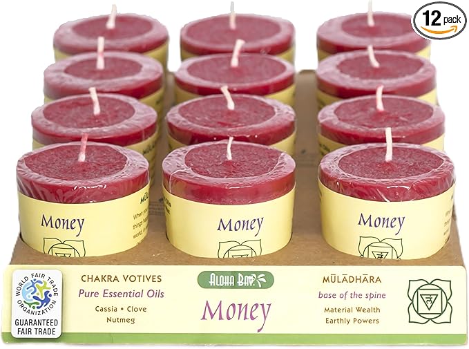 Premium Scented Hand Made Chakra Energy Candle | Votive 12-pack |Money, Muladhara| Yoga, Prayer & Meditation Candle | Long Burn |Essential Oils of Cassia, Clove & Nutmeg | Aloha Bay