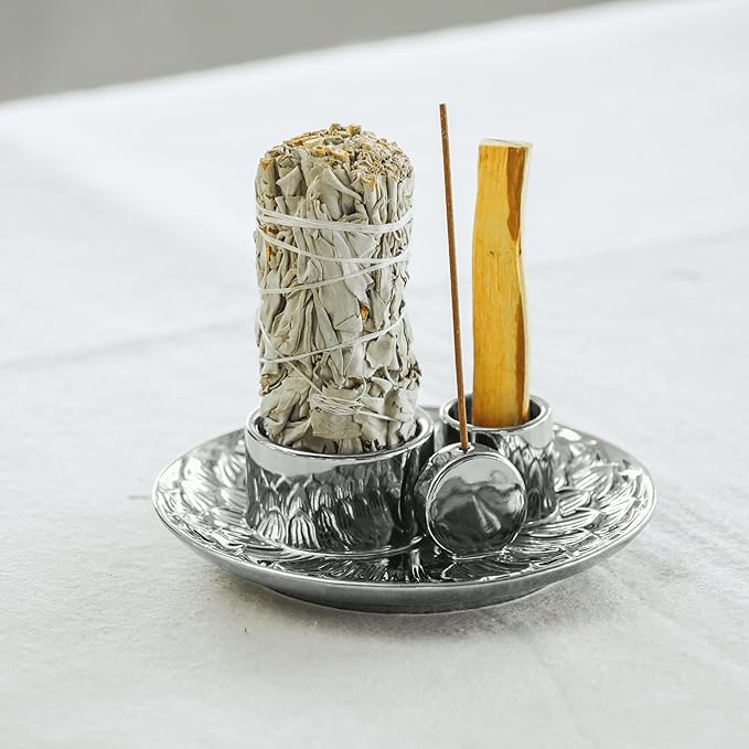 4 in 1 Incense Holder, Ceramic Incense Stick and Palo Santo Holder,Sage Holder for Burning- 5.5" Ceramic Ash Catcher Tray for Meditation and Yoga Room (Silver)