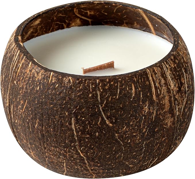 Restaurantware-Coco Casa 3.9 x 2.8 Inch Coconut Shell Candle, 1 Hand Poured Coconut Bowl Candle - Mint Leaf and Eucalyptus Fragrance, Double Wax Blend, Soy Wax Scented, Wooden Wick