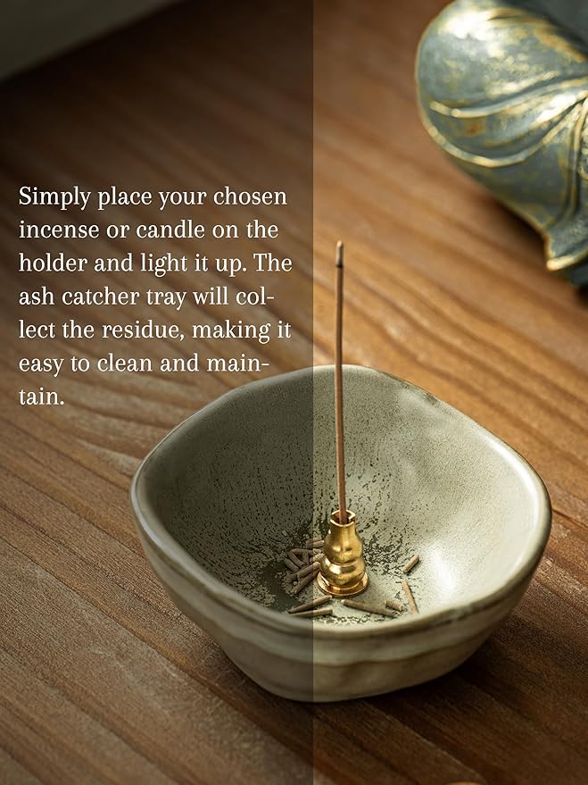 Incense Holder with 3 Incense Sockets, 4 In 1 Incense Burner Holder 4.25 Inch Incense Holder for Sticks, Ceramic Incense Stick Holder for Palo Santo, Cone Incense, Meditation, Yoga, Sage Green