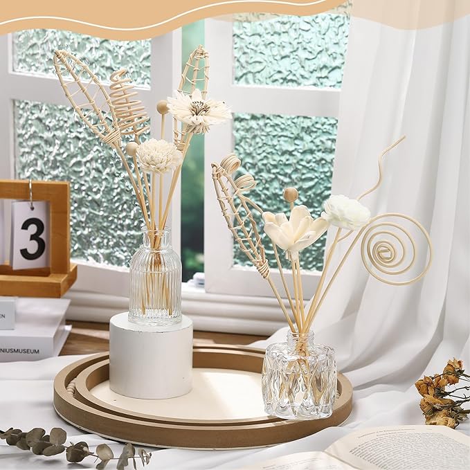 Queekay 32 Pcs Reed Diffuser Sticks Set Include 21pcs Natural Rattan Wood Beads, 11 Style Fragrance Diffuser, Rattan Reed Fragrance Replacement for Home(Wooden Color)