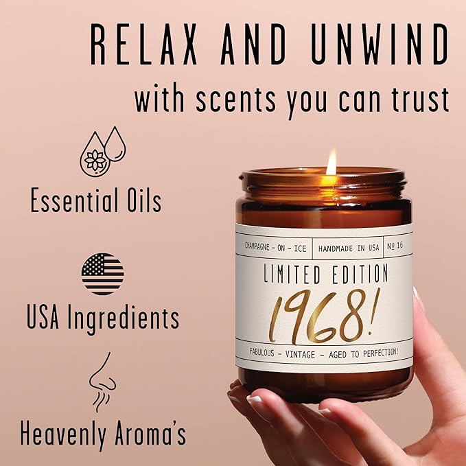 56th Birthday Gifts for Women - 'Limited Edition 1968' Soy Candle, w/Champagne on Ice I 56 Birthday Gifts for Women I 56th Birthday Gift for Her Ideas I 9oz Reusable Jar, 50Hr Burn, Made in USA