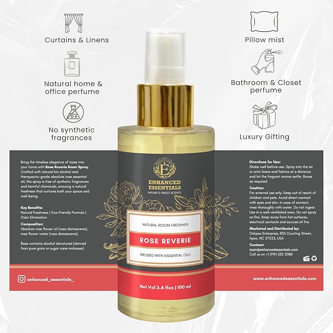 Luxurious Rose Room Spray–by Enhanced Essentials|Made with Pure Rose Essential Oil & Natural Ingredients|Indulge in a Romantic,Uplifting Floral Aura for Home,Office,Linens & Cars|100 ml (3.4 fl oz)