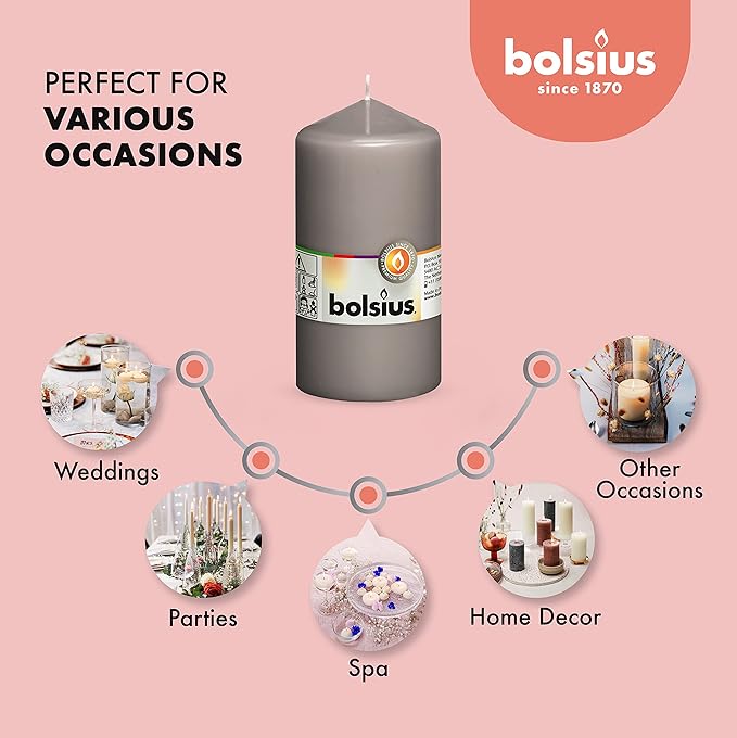 BOLSIUS 8 Grey Pillar Candles - 2.75 x 5 Inches - Premium European Quality - Individually Wrapped - 43 Hours Burn Time - Dripless & Smokeless - Unscented Dinner, Wedding & Restaurant Gray Candles