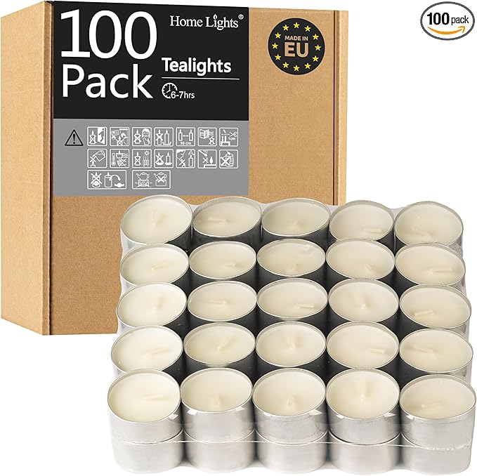 HomeLights Unscented White Tealight Candles -100 Pack, 6 to 7 Hour Burn Time Smokeless, Mini Votive Paraffin Candles with Cotton Wicks for Shabbat, Weddings, Christmas, Home Decor