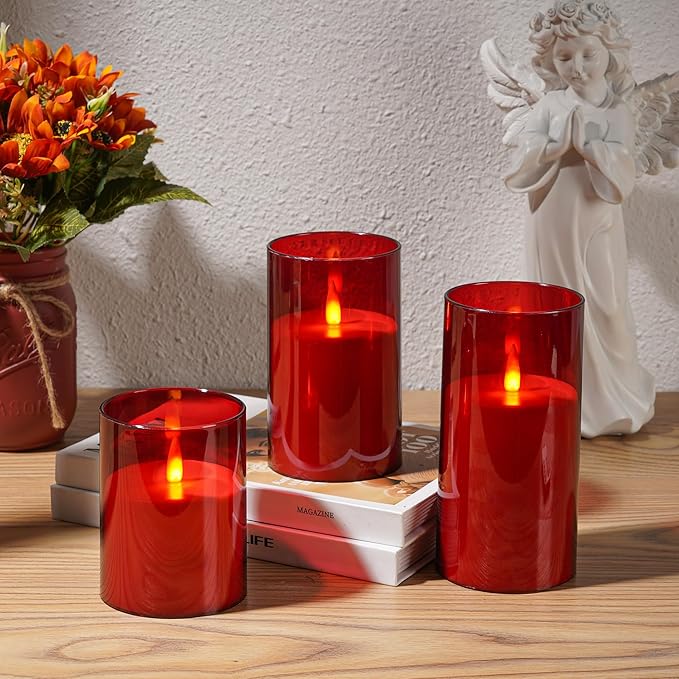 Flameless Candles, LED Candles with Remote Control and Timer, New Real Flickering 3D Wick Battery-Powered Acrylic Column Candles for Romantic Ambiences and Home Décor, Set of 3 (Red)