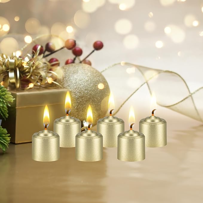 Mega Candles 12 pcs Unscented Gold Votive Candles, Hand Poured Wax Candle 10 Hours 1.38 Inch x 1.5 Inch, Home Décor, Wedding Receptions, Centerpieces, Occasions, Events, Meditations, Holders