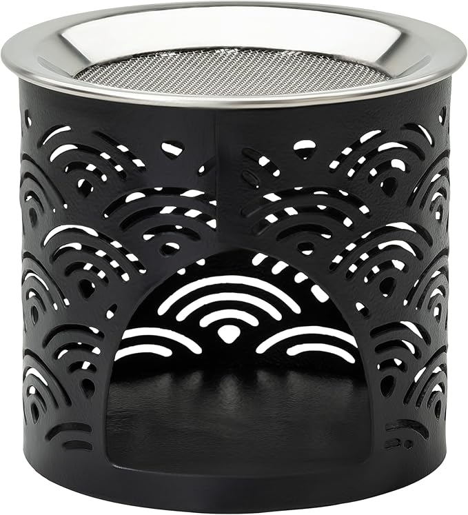 Handcrafted Black Iron Incense Burner - Height 2.36 inch with Exchangeable Stainless Steel Incense Sieve for Safe Burning with Tealight - Aromatic Censer and Essential Oils Holder